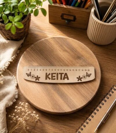 Personalizēts koka lineāls ar vārdu Keita un ziedu un tauriņu gravējumiem