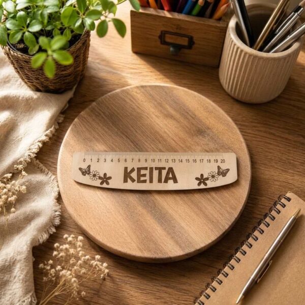 Personalizēts koka lineāls ar vārdu Keita un ziedu un tauriņu gravējumiem