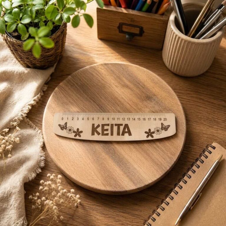 Personalizēts koka lineāls ar vārdu Keita un ziedu un tauriņu gravējumiem