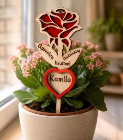 Personalizēts koka ziedu dekors ar sarkanu rozi, sirsniņu un vārdu Kamila puķu podā