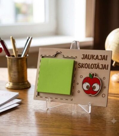 Koka piezīmju lapiņu turētājs ar zaļām lapiņām, ābola ilustrāciju un uzrakstu “Jaukākajai skolotājai”