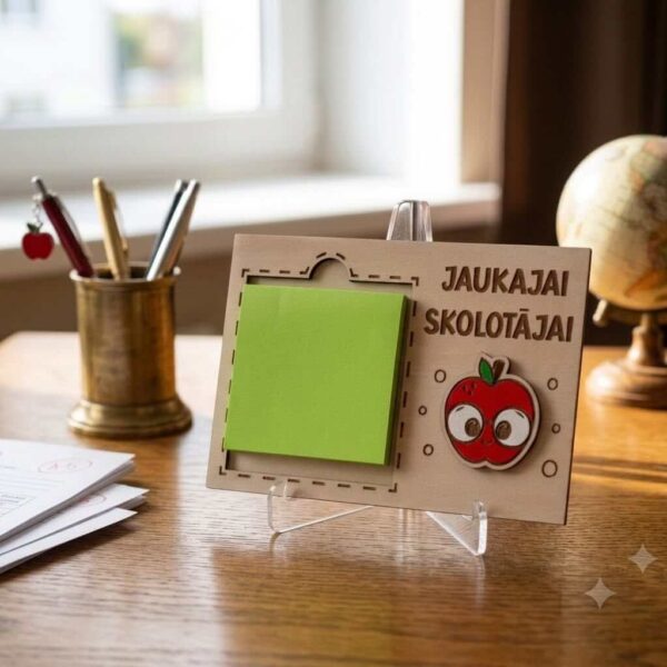 Koka piezīmju lapiņu turētājs ar zaļām lapiņām, ābola ilustrāciju un uzrakstu “Jaukākajai skolotājai”