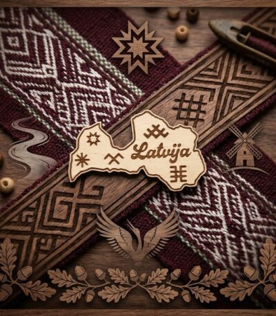 Koka magnēts Latvijas karoga formā ar uzrakstu “Latvija” uz latviska raksta fona