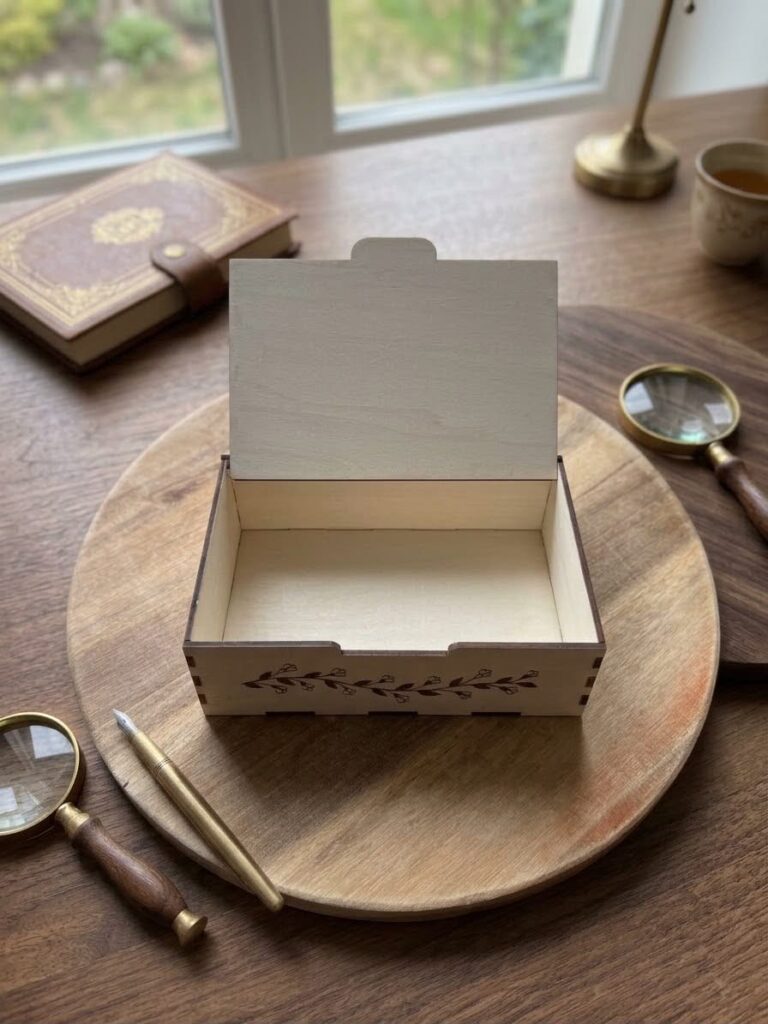 Personalizējama koka kastīte ar gravētu uzrakstu un dekoratīvu zaru ornamentu uz vāka, izmērs 20 × 15 × 5 cm.